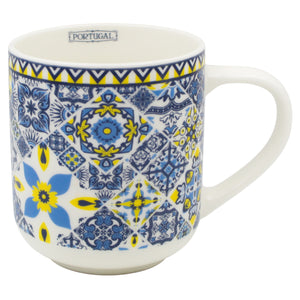 Portuguese Ceramic Mug with Blue and Yellow Azulejo Tile Pattern, 16 oz.