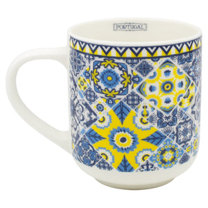 Portuguese Ceramic Mug with Blue and Yellow Azulejo Tile Pattern, 16 oz.