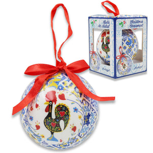 Portuguese Barcelos Rooster Christmas Ornament with Blue and Yellow Tile Design and Ribbon