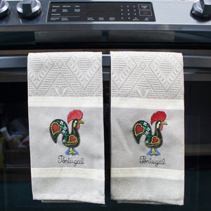 Set of 2 Beige Portuguese Rooster Kitchen Dish Towels - 100% Cotton