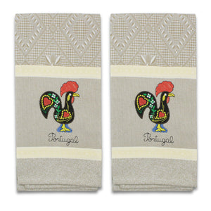 Set of 2 Beige Portuguese Rooster Kitchen Dish Towels - 100% Cotton