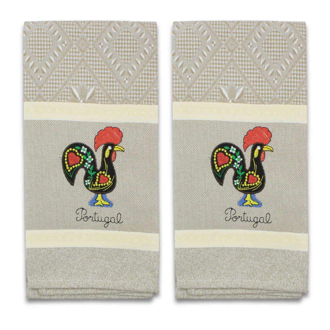 Set of 2 Beige Portuguese Rooster Kitchen Dish Towels - 100% Cotton