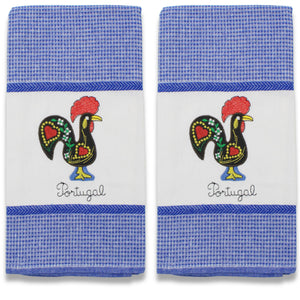 Set of 2 Portuguese Rooster Kitchen Dish Towels – 100% Cotton Decorative Towels in Blue Design