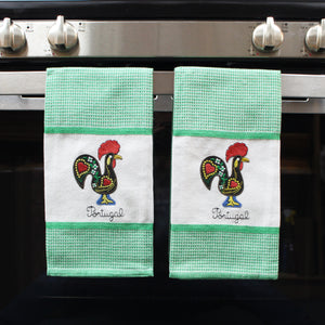 Set of 2 Portuguese Rooster Kitchen Dish Towels – 100% Cotton Decorative Towels in Green Design