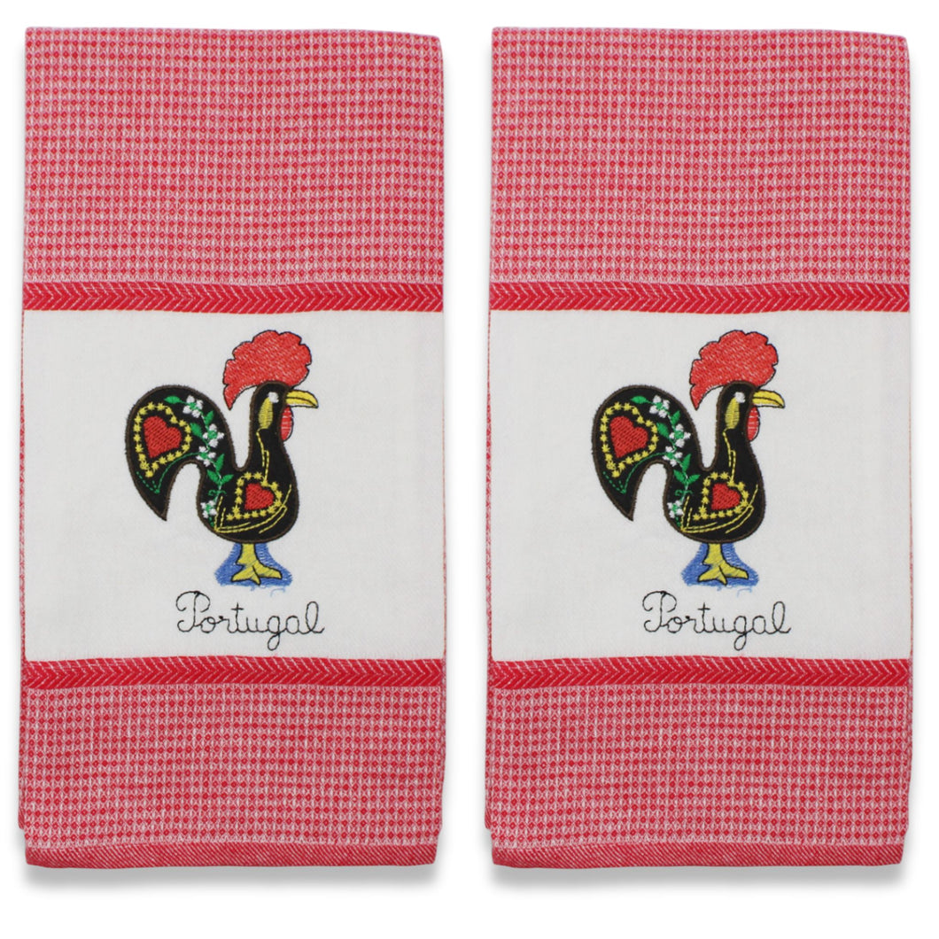 Set of 2 Portuguese Rooster Kitchen Dish Towels – 100% Cotton Decorative Towels in Red Design