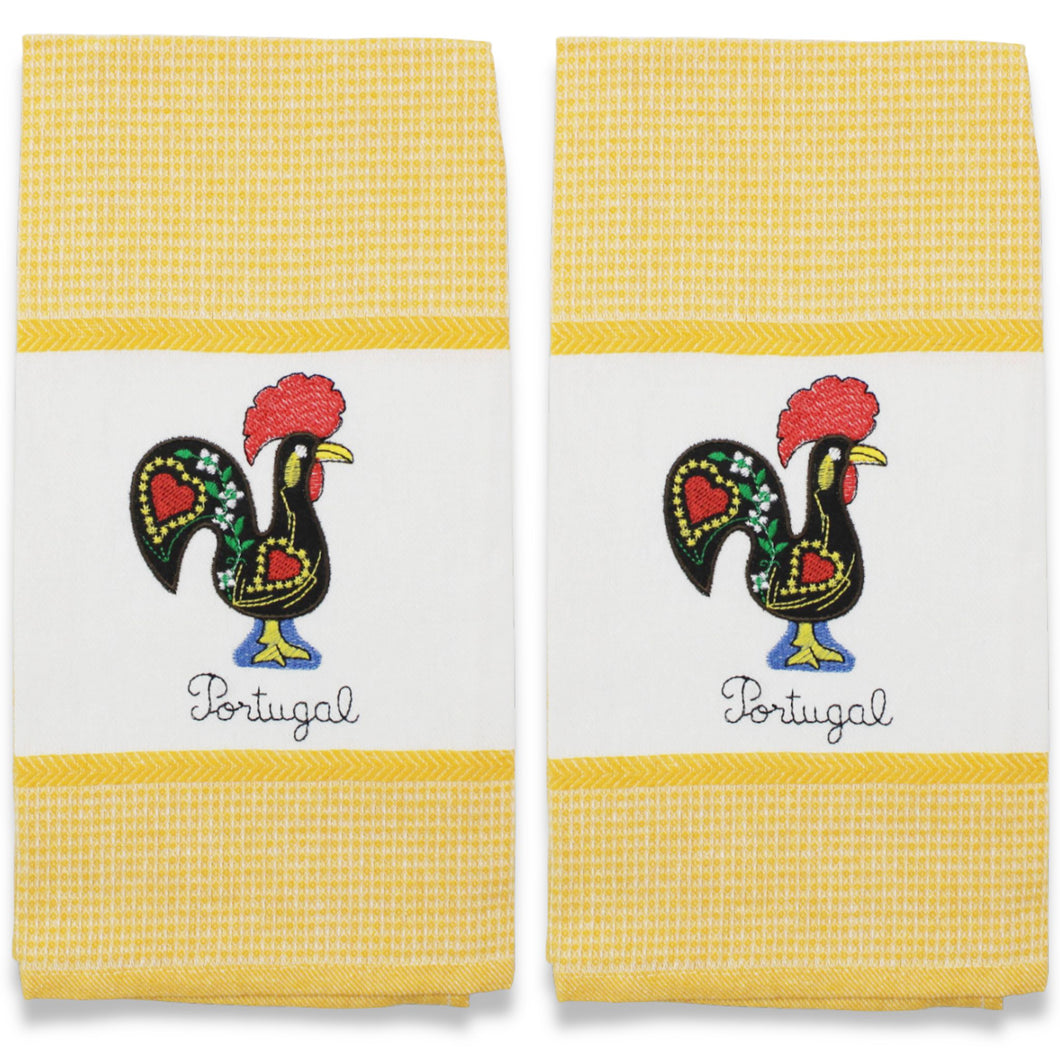 Set of 2 Portuguese Rooster Kitchen Dish Towels – 100% Cotton Decorative Towels in Yellow Design