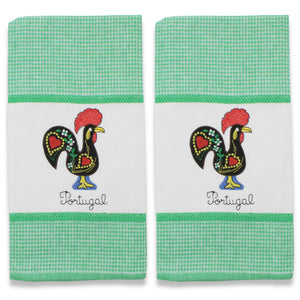 Set of 2 Portuguese Rooster Kitchen Dish Towels – 100% Cotton Decorative Towels in Green Design