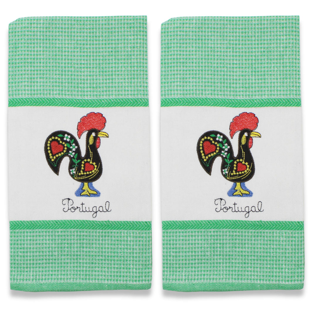 Set of 2 Portuguese Rooster Kitchen Dish Towels – 100% Cotton Decorative Towels in Green Design