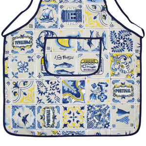 Portuguese Azulejo Design Apron – Blue and Yellow Tile Pattern with Front Pocket