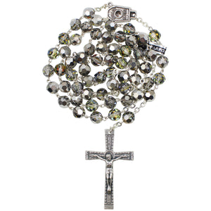 Our Lady of Fatima Rosary with 8mm Black and Silver Bohemian Crystal Beads