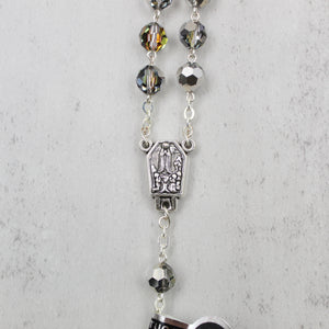 Our Lady of Fatima Rosary with 8mm Black and Silver Bohemian Crystal Beads