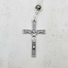 Load image into Gallery viewer, Our Lady of Fatima Rosary with 8mm Black and Silver Bohemian Crystal Beads
