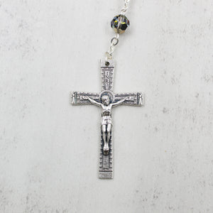 Our Lady of Fatima Rosary with 8mm Black and Silver Bohemian Crystal Beads