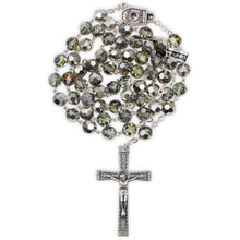 Load image into Gallery viewer, Our Lady of Fatima Rosary with 8mm Black and Silver Bohemian Crystal Beads
