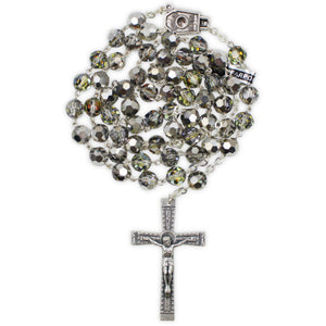 Our Lady of Fatima Rosary with 8mm Black and Silver Bohemian Crystal Beads