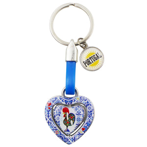 Rotating Heart Azulejo & Rooster Design Keychain with Portugal Emblem Charm