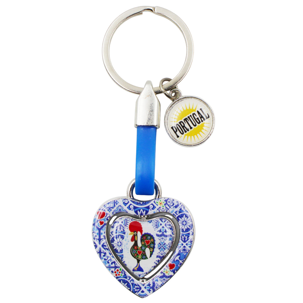 Rotating Heart Azulejo & Rooster Design Keychain with Portugal Emblem Charm