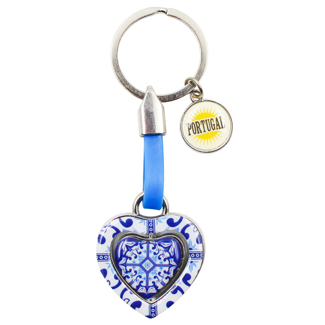 Rotating Heart Azulejo Design Keychain with Portugal Emblem Charm