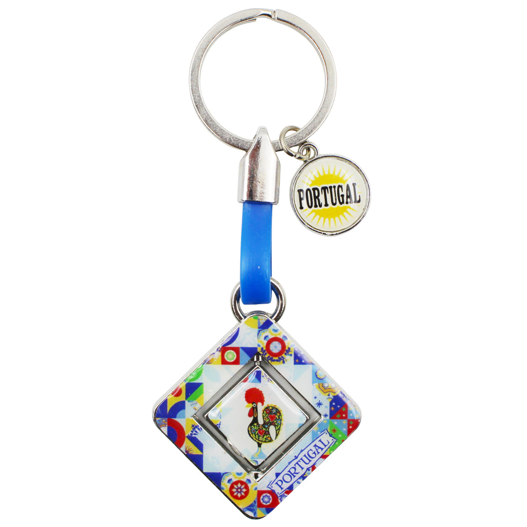 Rotating Square Azulejo Rooster Keychain with Portugal Emblem Charm