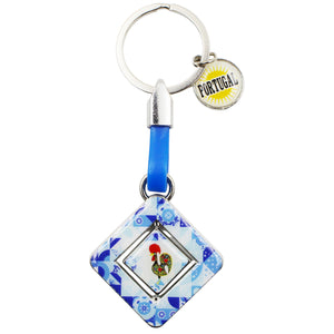 Rotating Square Azulejo Rooster Keychain with Portugal Emblem Charm