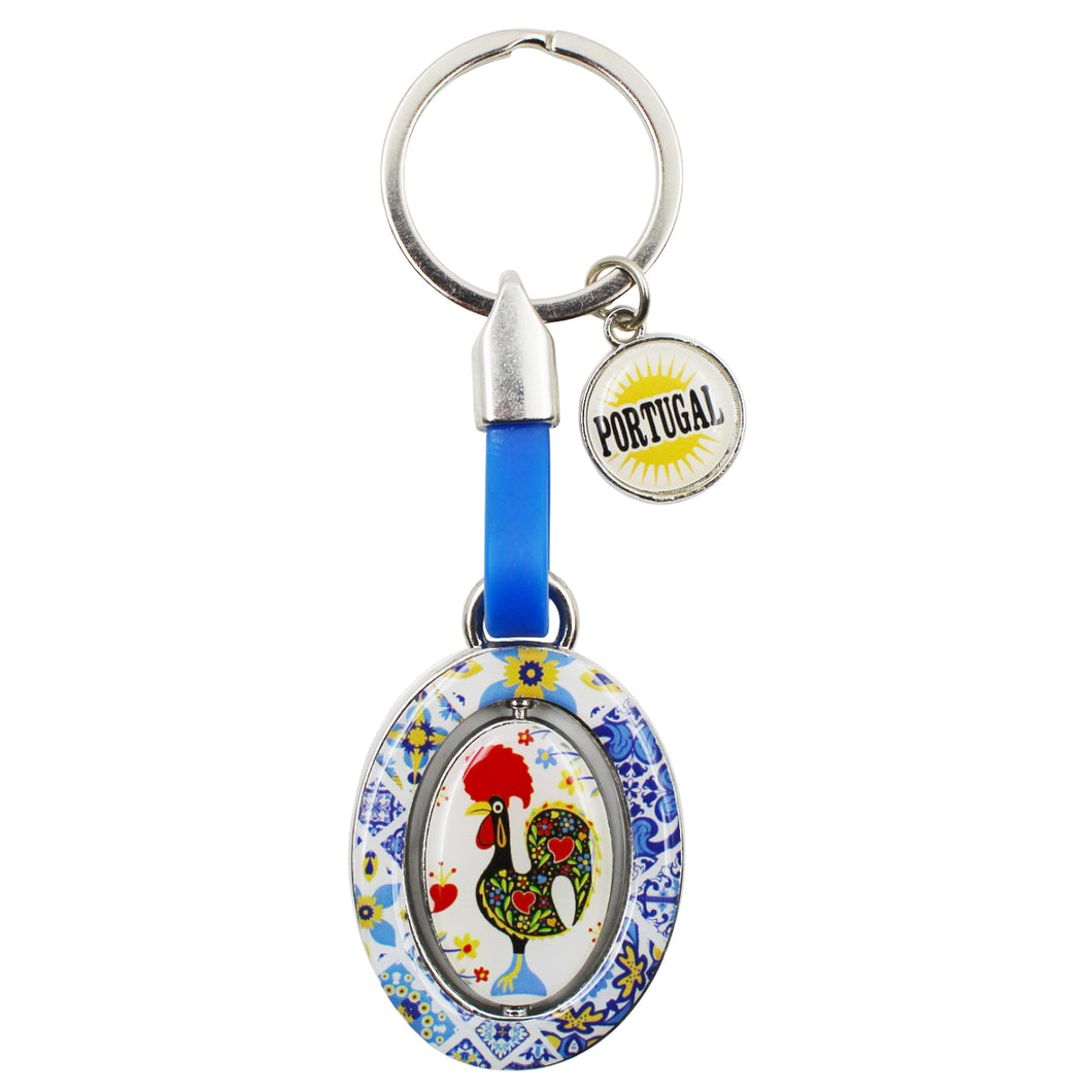 Rotating Azulejo Rooster Keychain with Portugal Emblem Charm