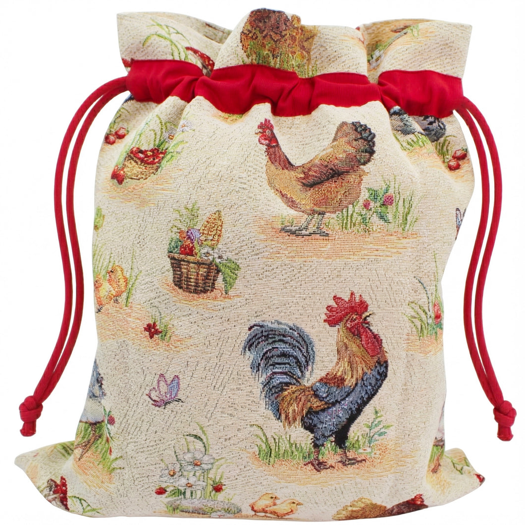 Farmhouse Rooster Tapestry Large Bread Bag – Kitchen Storage with Drawstring Closure