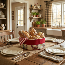 Load image into Gallery viewer, Farmhouse Rooster Tapestry Round Bread Basket – Rustic Kitchen Table Bread Holder
