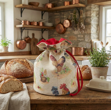 Load image into Gallery viewer, Farmhouse Rooster Tapestry Bread Bag – Kitchen Storage with Drawstring Closure
