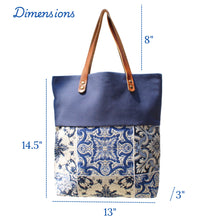 Load image into Gallery viewer, Praceta Lisboa Canvas Tote Bag with Blue Azulejo Tile Design and Leather Straps, Blue Top
