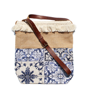 Praceta Lisboa Crossbody Bag with Blue Azulejo Tile Design, Fringe Trim & Adjustable Strap