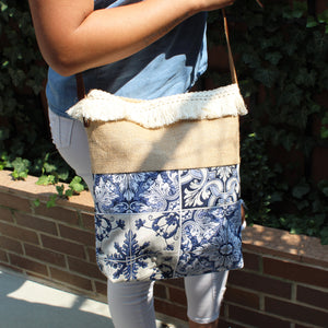 Praceta Lisboa Crossbody Bag with Blue Azulejo Tile Design, Fringe Trim & Adjustable Strap