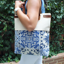 Load image into Gallery viewer, Praceta Lisboa Canvas Tote Bag with Blue Azulejo Tile Design and Leather Straps
