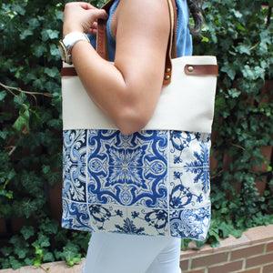 Praceta Lisboa Canvas Tote Bag with Blue Azulejo Tile Design and Leather Straps