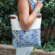 Load image into Gallery viewer, Praceta Lisboa Canvas Tote Bag with Blue Azulejo Tile Design and Leather Straps
