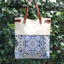 Load image into Gallery viewer, Praceta Lisboa Canvas Tote Bag with Blue Azulejo Tile Design and Leather Straps
