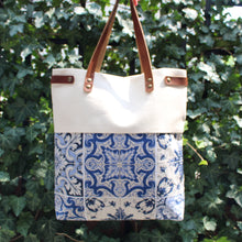 Load image into Gallery viewer, Praceta Lisboa Canvas Tote Bag with Blue Azulejo Tile Design and Leather Straps
