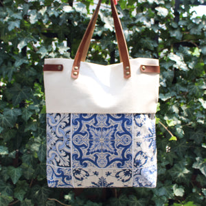 Praceta Lisboa Canvas Tote Bag with Blue Azulejo Tile Design and Leather Straps