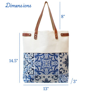 Praceta Lisboa Canvas Tote Bag with Blue Azulejo Tile Design and Leather Straps