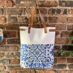 Praceta Lisboa Canvas Tote Bag with Blue Azulejo Tile Design and Leather Straps