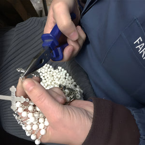 White Glass Bead Rosary with Silver Crucifix and Fatima Medal