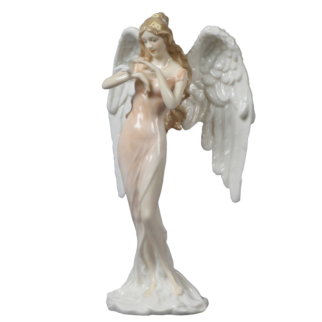 Fine Porcelain Guardian Angel with Dove and Light Pink Dress