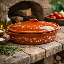 Load image into Gallery viewer, Socerâmica Hand-Painted Terracotta Oval Roaster with Lid, Made in Portugal

