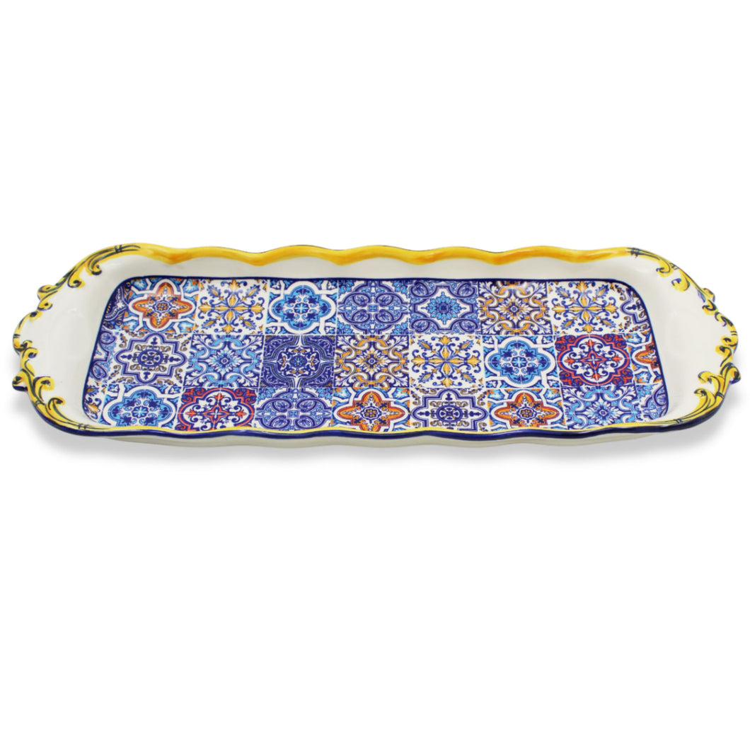 Portuguese Ceramic Serving Tray with Azulejo Tile Design and Hand-Painted Yellow Accents