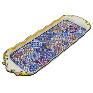 Portuguese Ceramic Serving Tray with Azulejo Tile Design and Hand-Painted Yellow Accents