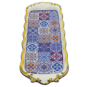 Portuguese Ceramic Serving Tray with Azulejo Tile Design and Hand-Painted Yellow Accents