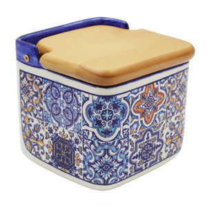 Portuguese Azulejo Ceramic Salt Holder with Wooden Lid, Blue