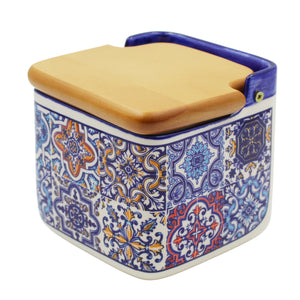 Portuguese Azulejo Ceramic Salt Holder with Wooden Lid, Blue