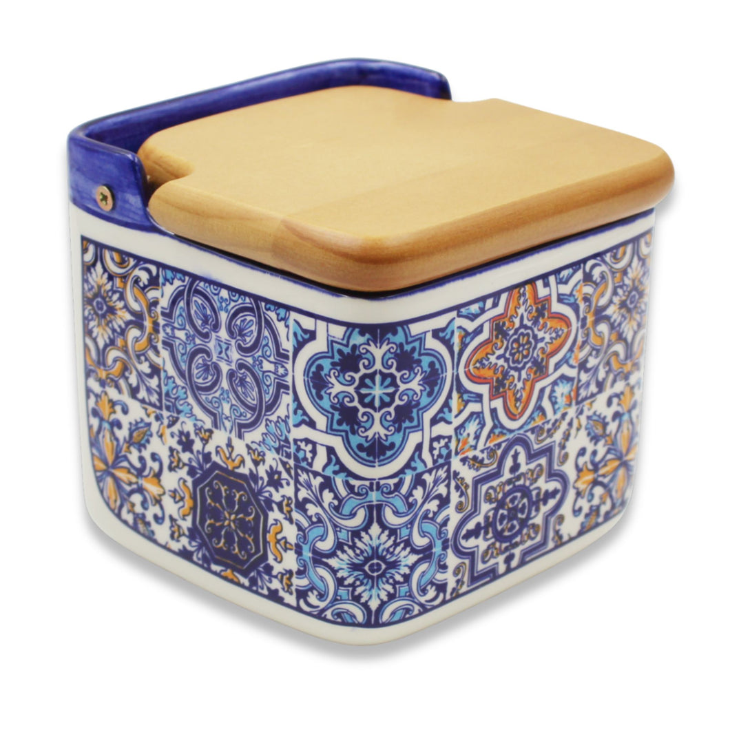 Portuguese Azulejo Ceramic Salt Holder with Wooden Lid, Blue