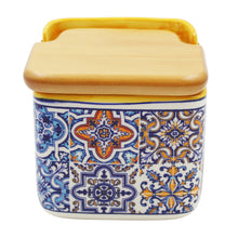 Load image into Gallery viewer, Portuguese Azulejo Ceramic Salt Holder with Wooden Lid, Yellow
