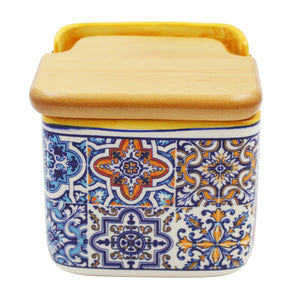 Portuguese Azulejo Ceramic Salt Holder with Wooden Lid, Yellow